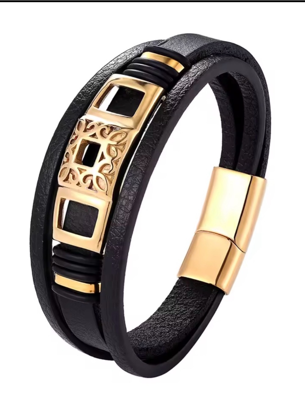 Classic Black Leather Bracelet with Gold Accent for Men